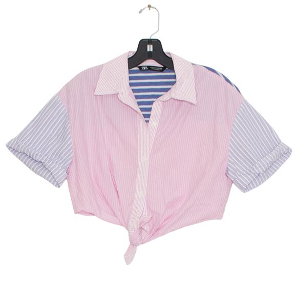 Zara Top Cropped Preppy Feminine Nautical Button Tie Stripe Colorblock Small - Picture 1 of 4